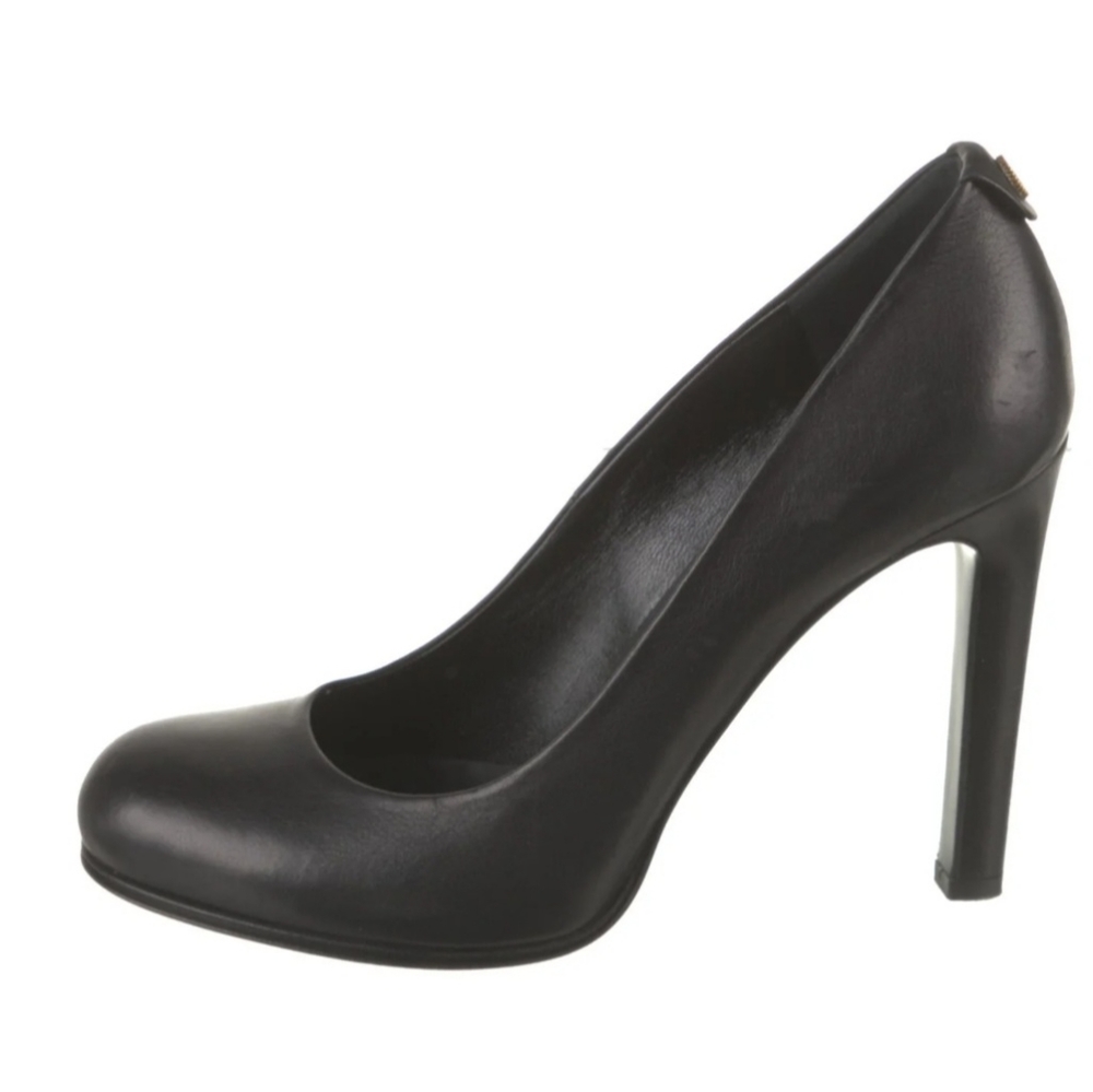 NWT Gucci GG Gold Logo Black Genuine Leather Round Toe Shoes Pumps Heels